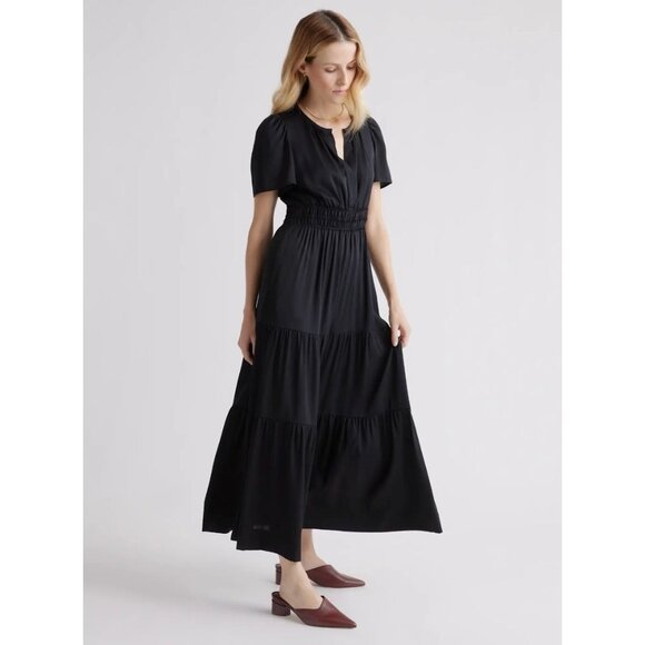 Quince Washable Stretch Silk Tiered Maxi Dress Short Sleeve Black XL - Picture 1 of 15
